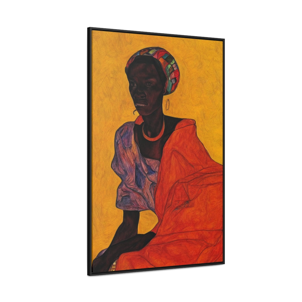 Woman in Red on Yellow Crayon Sketch Style Framed Canvas