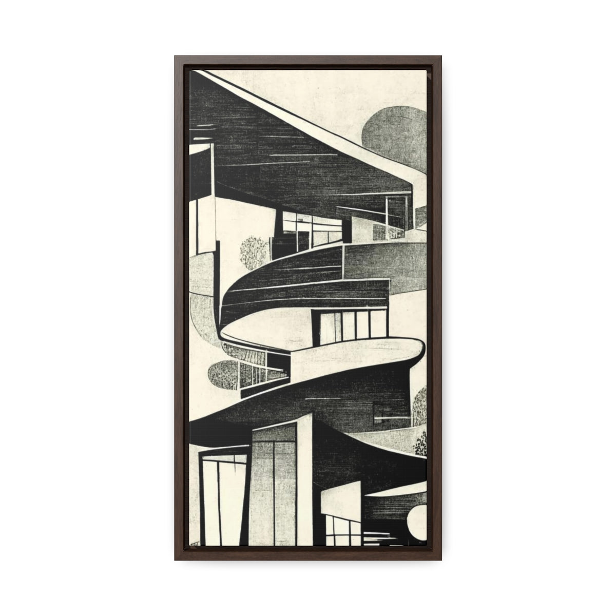 Black and White Retro Buildings Abstract Framed Canvas