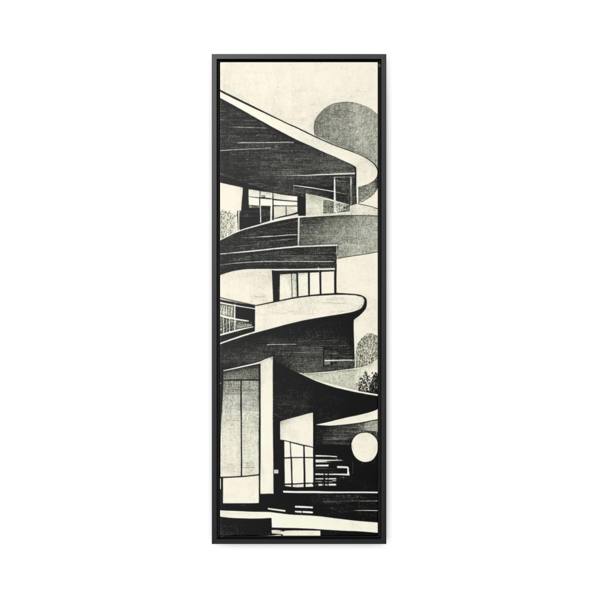 Black and White Retro Buildings Abstract Framed Canvas