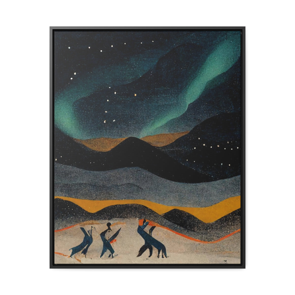 Dancing Figures and Aurora Framed Canvas