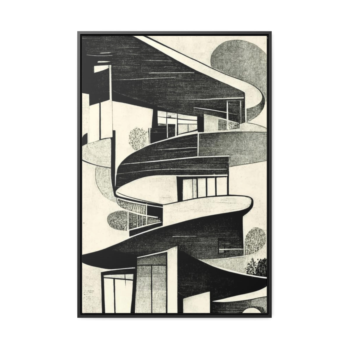 Black and White Retro Buildings Abstract Framed Canvas