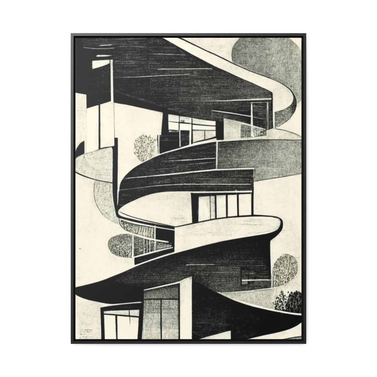 Black and White Retro Buildings Abstract Framed Canvas