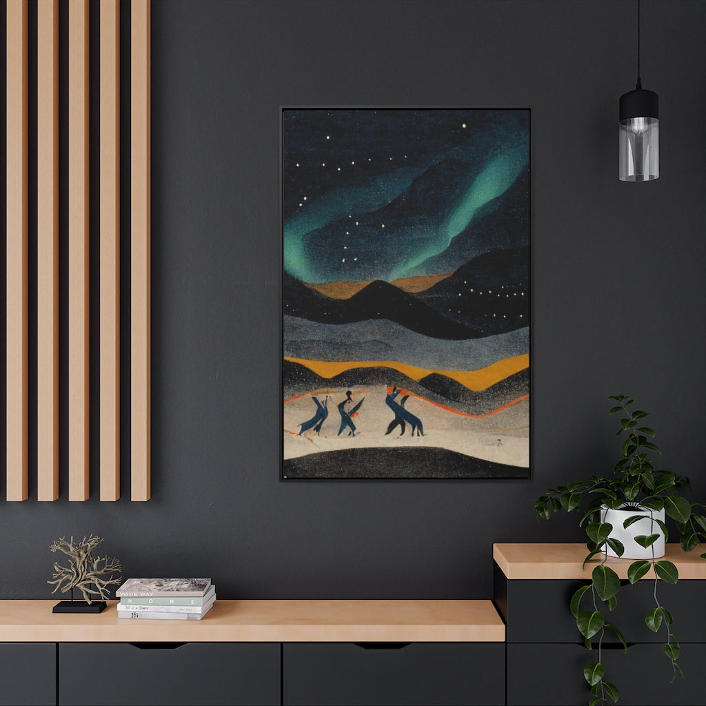 Dancing Figures and Aurora Framed Canvas