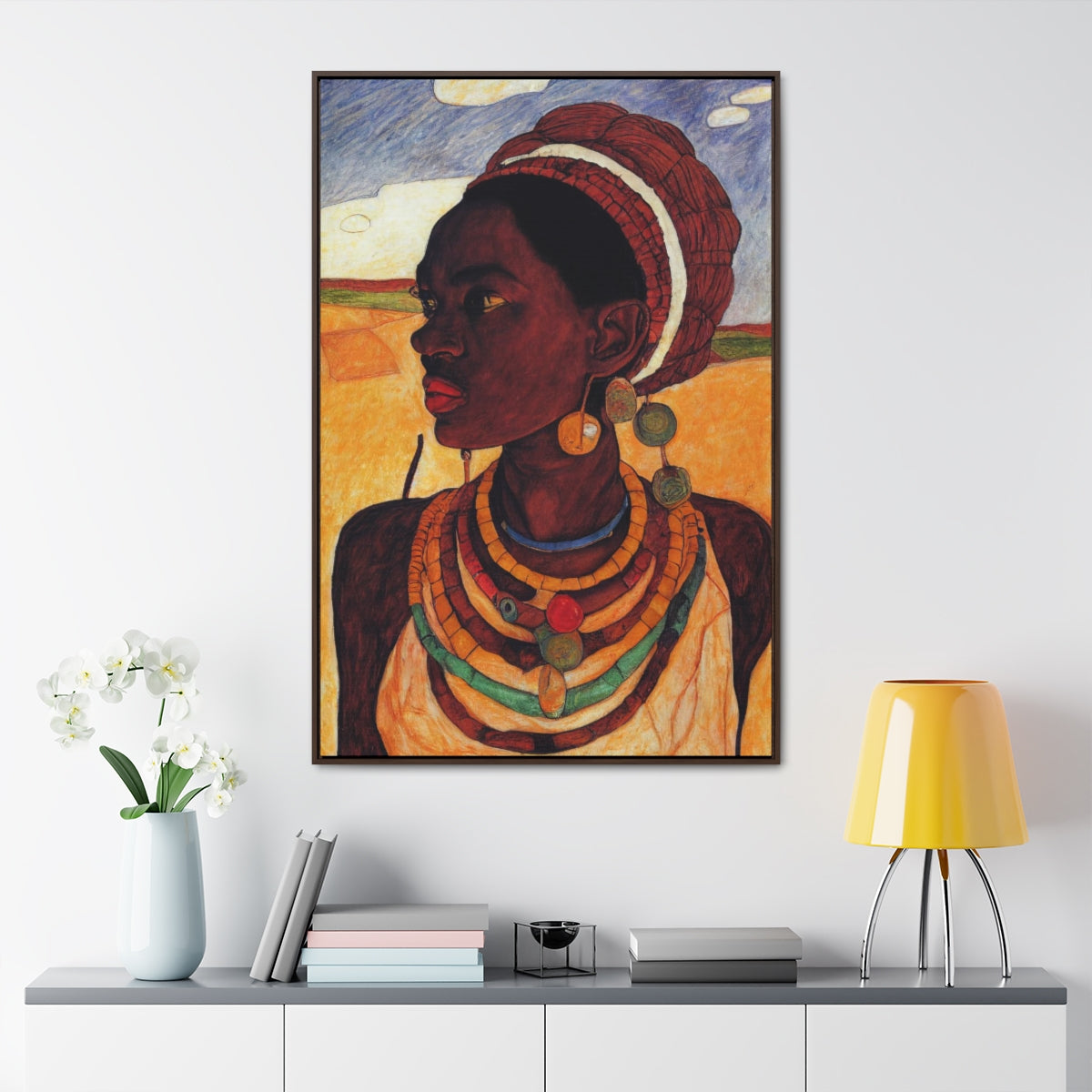Beautiful Woman with Jewelry in Crayon Sketch Style Framed Canvas