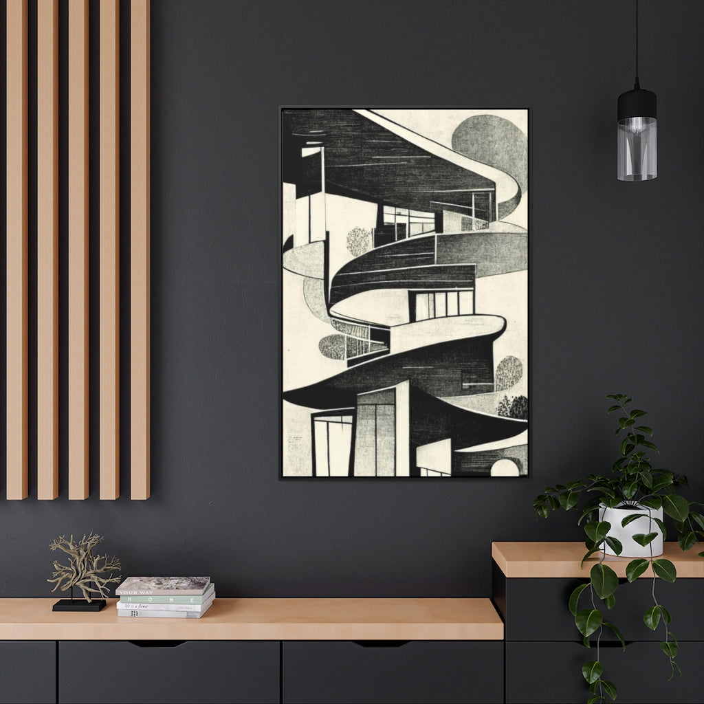 Black and White Retro Buildings Abstract Framed Canvas