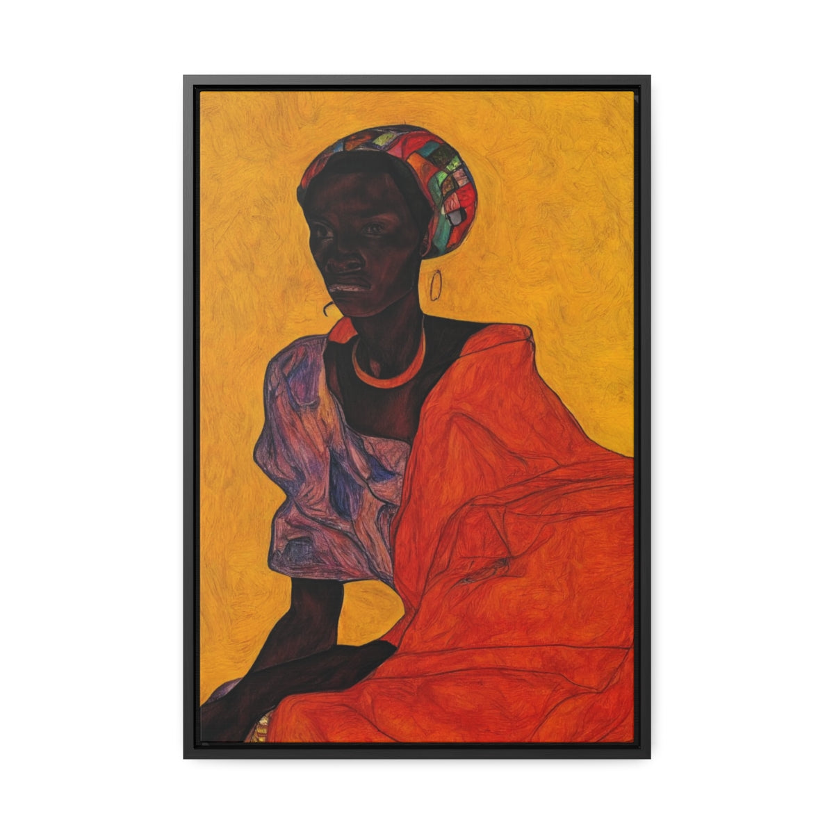 Woman in Red on Yellow Crayon Sketch Style Framed Canvas