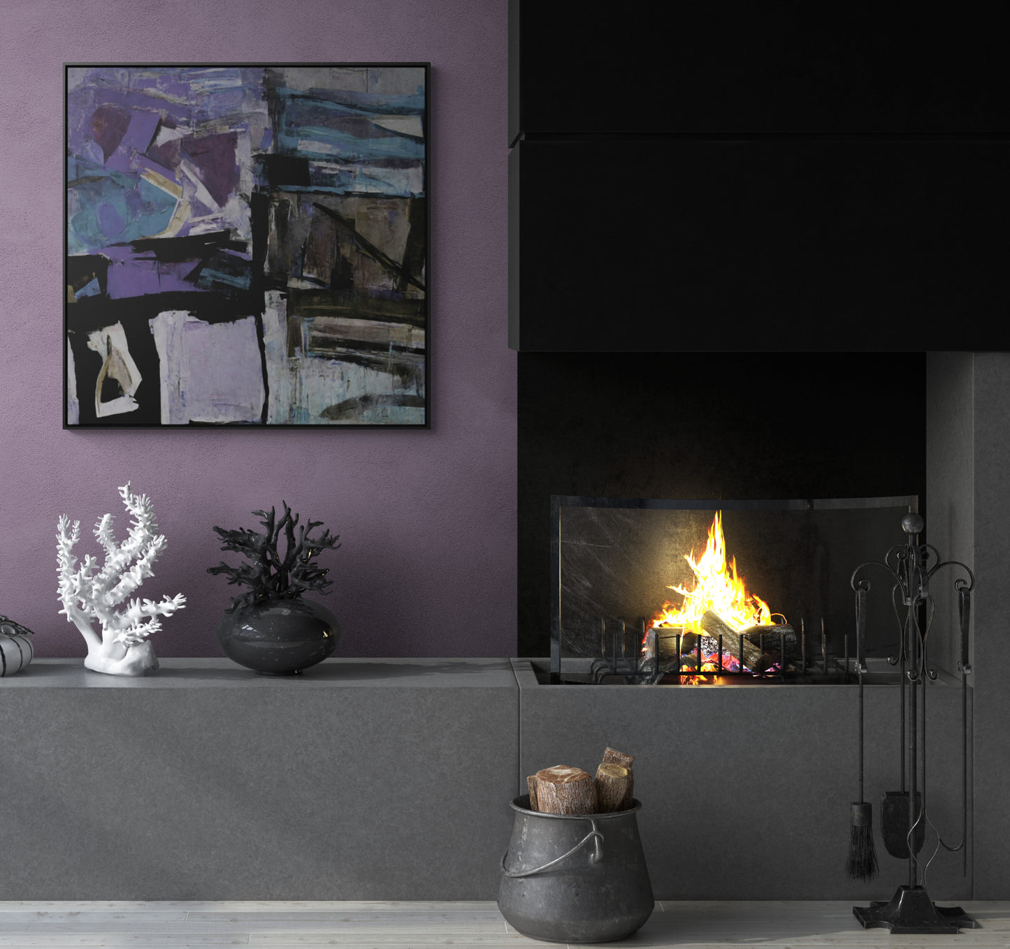 Purple and Black Abstract Framed Canvas