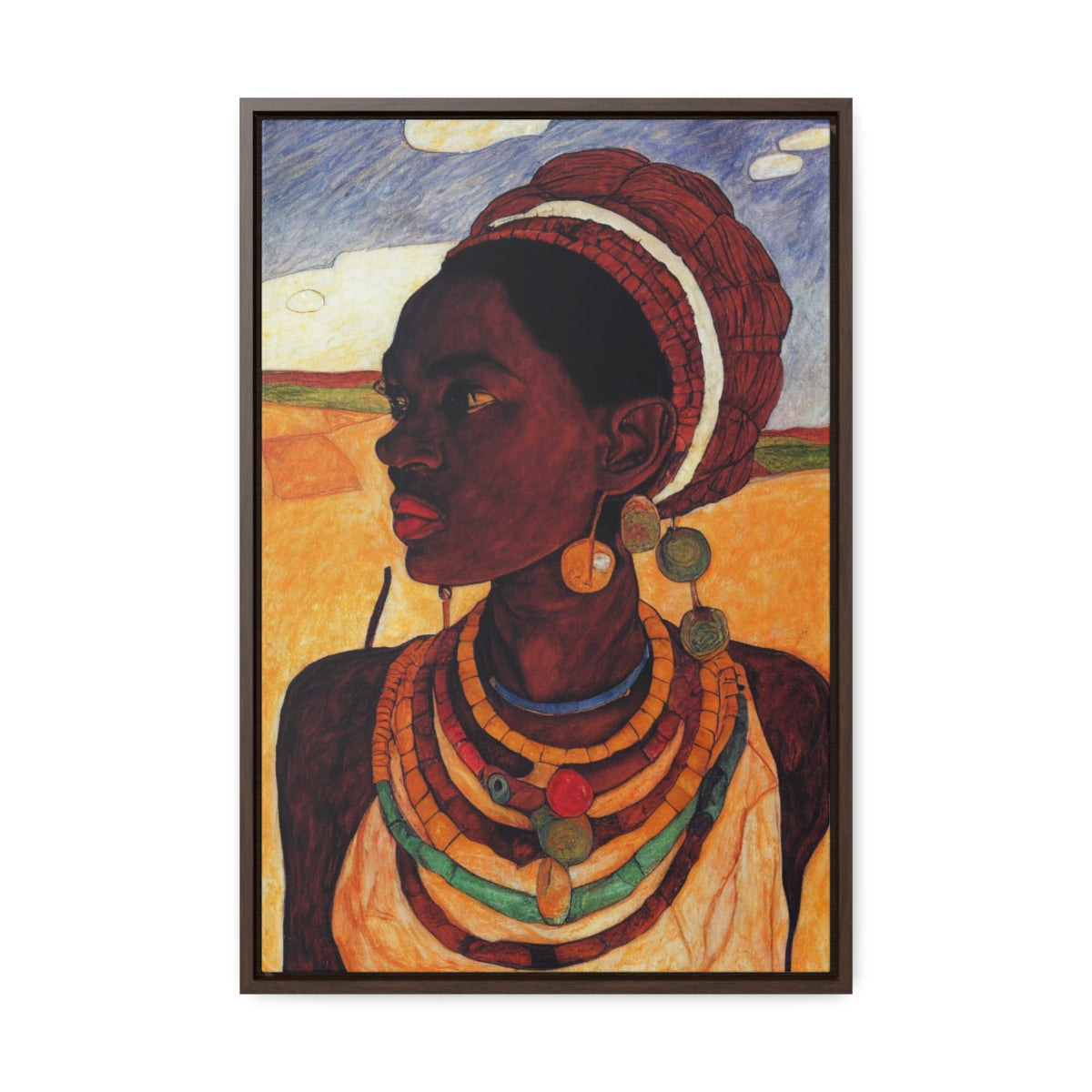Beautiful Woman with Jewelry in Crayon Sketch Style Framed Canvas