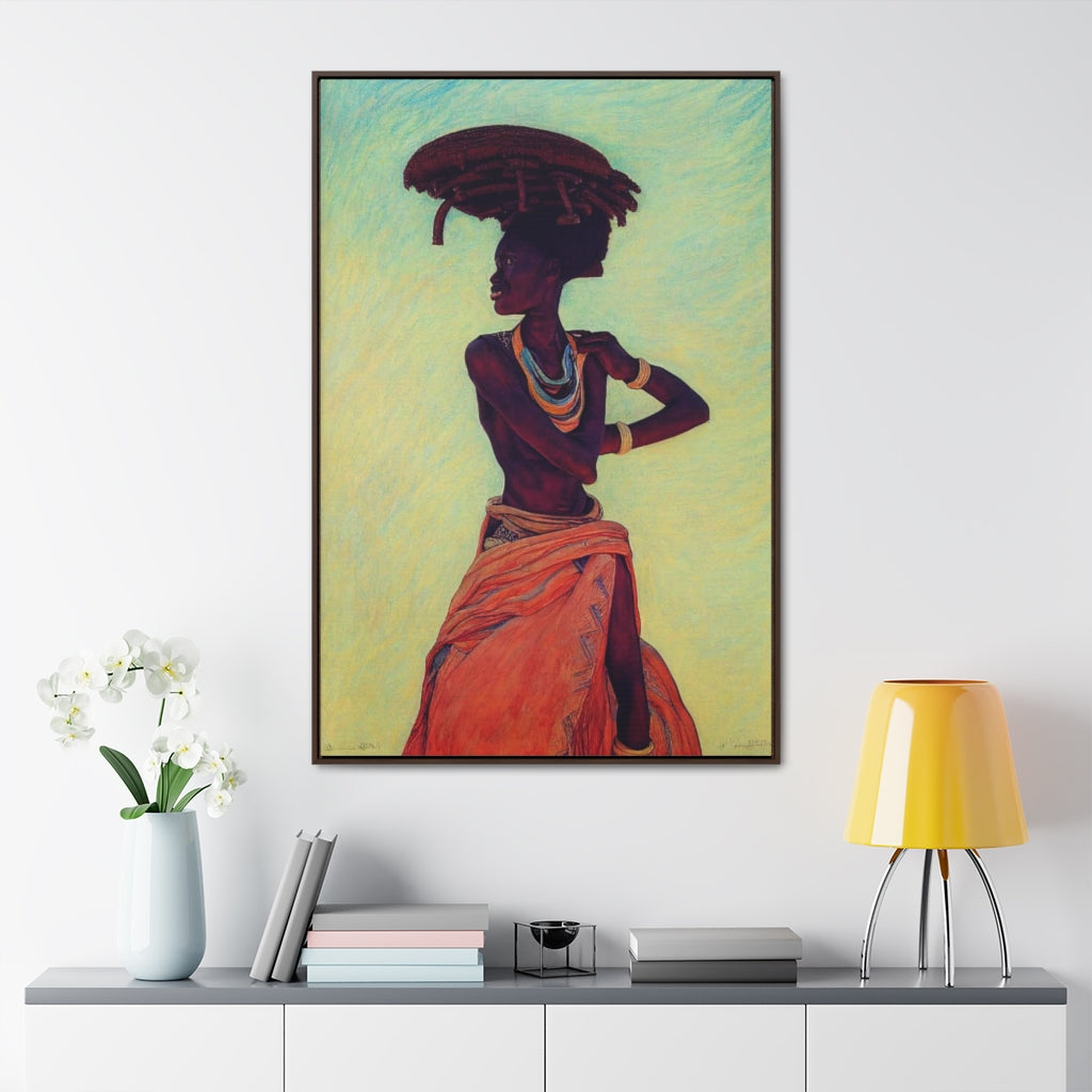 Beautiful Woman in Orange Skirt - Crayon Sketch Style Framed Canvas