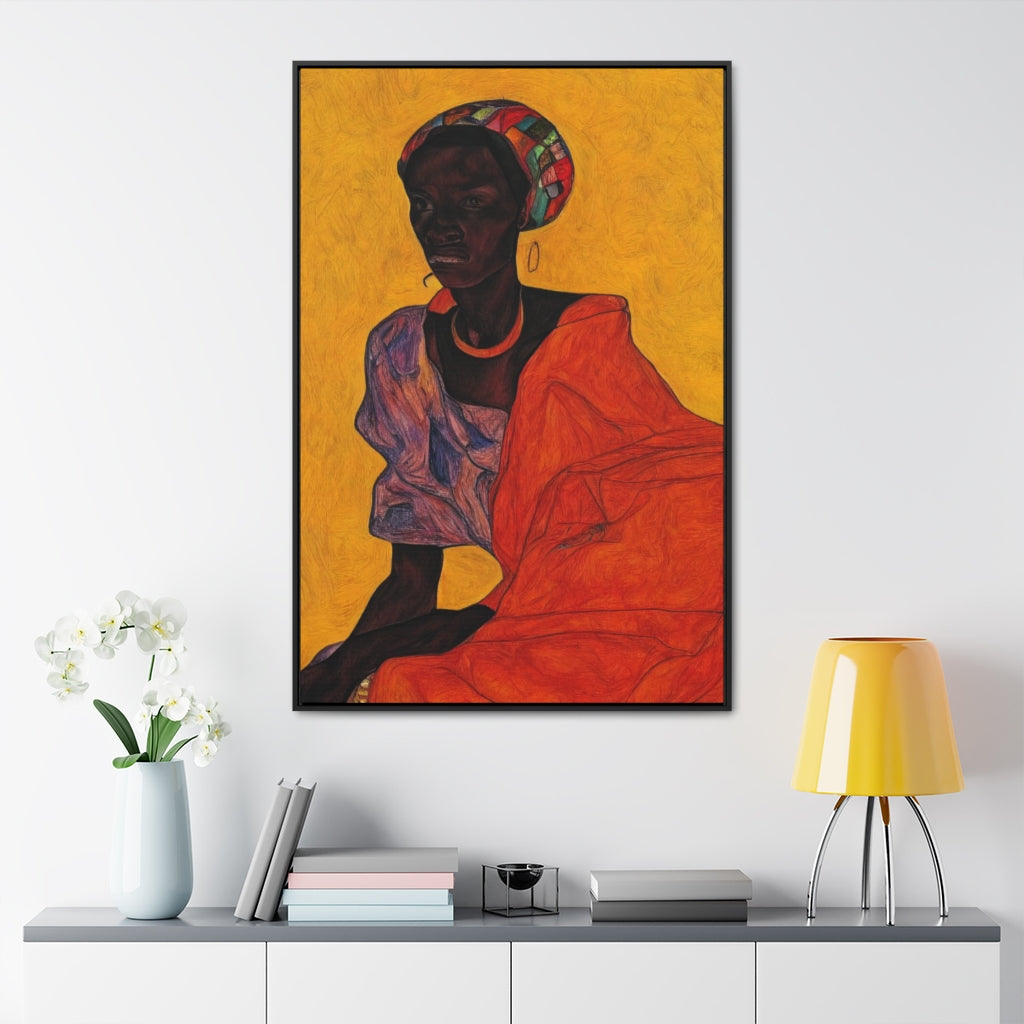 Woman in Red on Yellow Crayon Sketch Style Framed Canvas