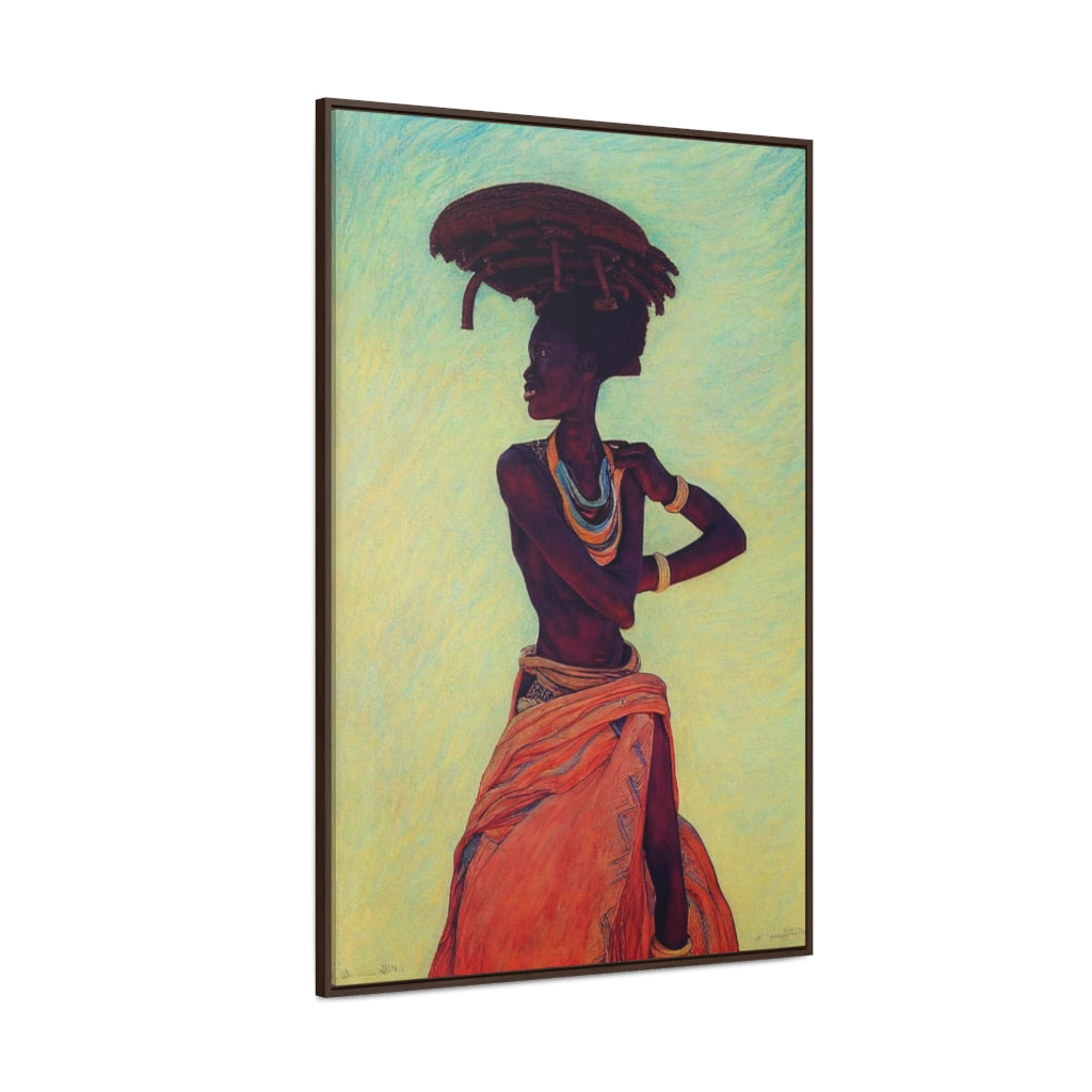 Beautiful Woman in Orange Skirt - Crayon Sketch Style Framed Canvas