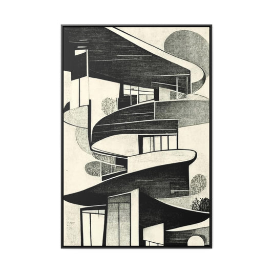 Black and White Retro Buildings Abstract Framed Canvas