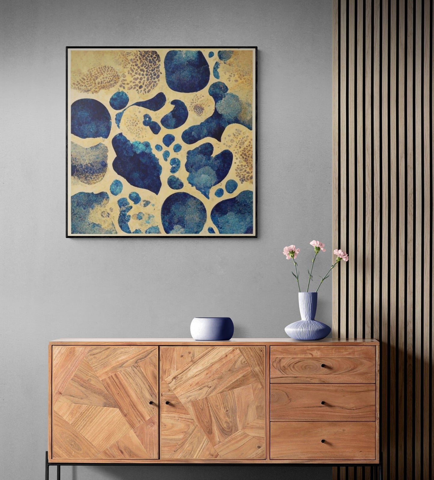 Blue and Tan Retro Blobs Framed Canvas